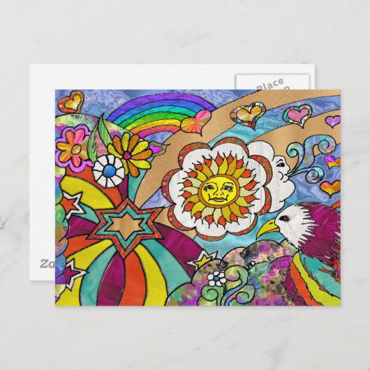 Carte Postale Retro 60s Psychedelic Sunshine Aigle Cadeaux (Devant / Derrière)