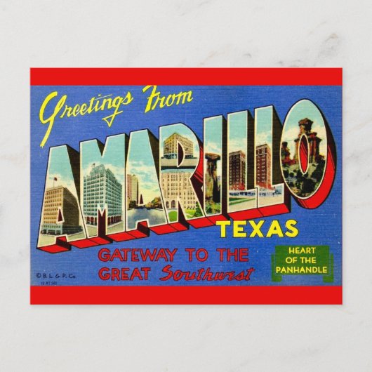 Carte postale rétro Amarillo TX (Devant)
