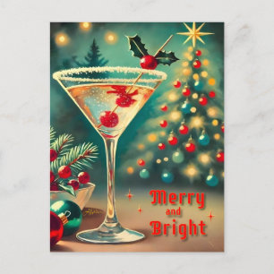 Carte Postale Retro années 50 Cocktail Martini Noël Merry Bright