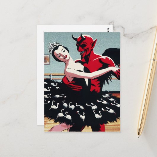 Carte Postale Retro Art Devil Avec Ballet Dancer Swan Dress (Devant/Arrière en situation)