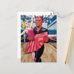 Carte Postale Retro Art Devil avec danseuse en robe rose rouge