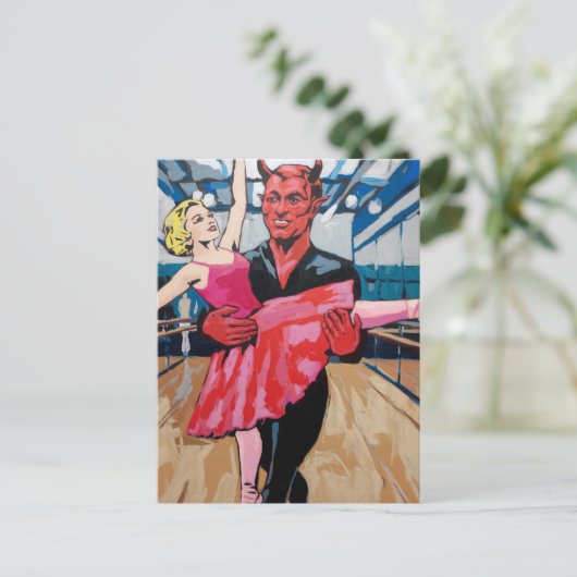 Carte Postale Retro Art Devil avec danseuse en robe rose rouge (Debout devant)