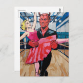 Carte Postale Retro Art Devil avec danseuse en robe rose rouge (Devant / Derrière)