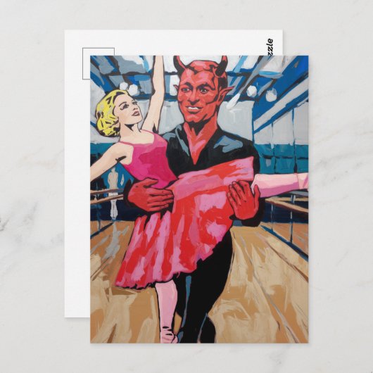 Carte Postale Retro Art Devil avec danseuse en robe rose rouge (Devant / Derrière)