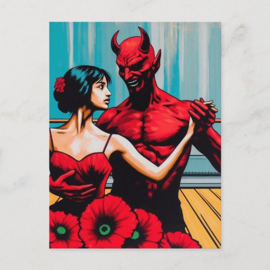Carte Postale Retro Art Devil avec la danseuse dans une robe Red (Devant)