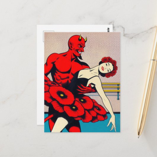 Carte Postale Retro Art Devil avec la danseuse dans une robe Red (Devant/Arrière en situation)