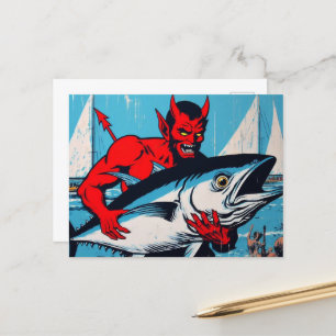 Carte Postale Retro Art Devil avec un Tunafish Grunge de plage