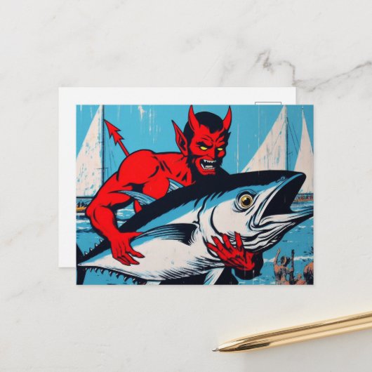 Carte Postale Retro Art Devil avec un Tunafish Grunge de plage (Devant/Arrière en situation)