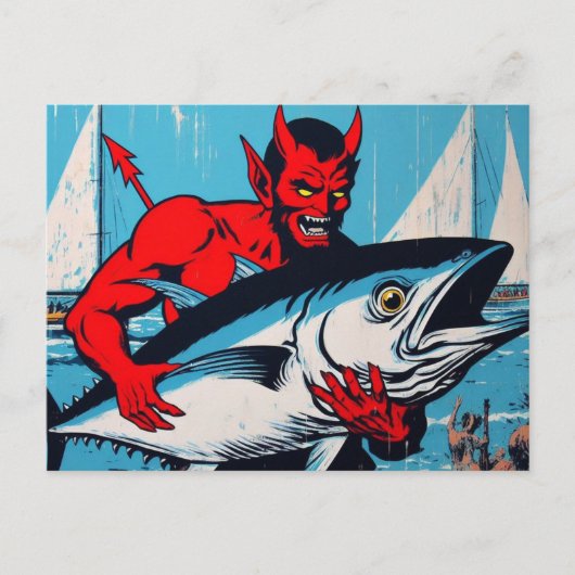 Carte Postale Retro Art Devil avec un Tunafish Grunge de plage (Devant)