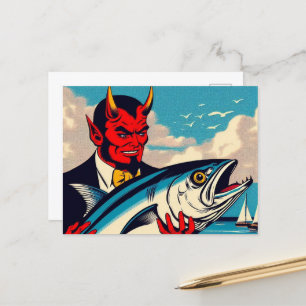 Carte Postale Retro Art Devil avec un tunafish sur la plage