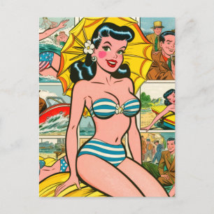 Carte Postale Retro Bikini Girl Summer Comics