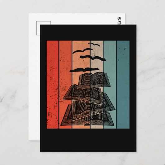 Carte Postale Retro Book Birds Library Bookworm (Devant / Derrière)