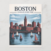 Carte Postale Retro Boston Sailboat Massachusetts Skyline Travel (Devant)
