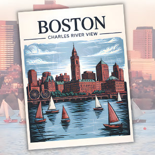 Carte Postale Retro Boston Sailboat Massachusetts Skyline Travel