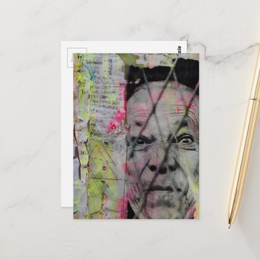 Carte Postale retro caged man junk journal Mixed Media Collage (Devant/Arrière en situation)