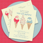 Carte Postale Retro Crème glacée Cone 40e anniversaire Invitatio<br><div class="desc">Nouveau pour l'été 2024. Notre carte postale invitation "Ice Cream, You Scream We All Scream Happy 40th Birthday !". Trois cônes de crème glacée à l'aquarelle rétro avec des glaces patriotiques rouges, blanches et bleues et des arrosées occupent le centre de la scène au-dessus des détails de votre fête d'anniversaire....</div>
