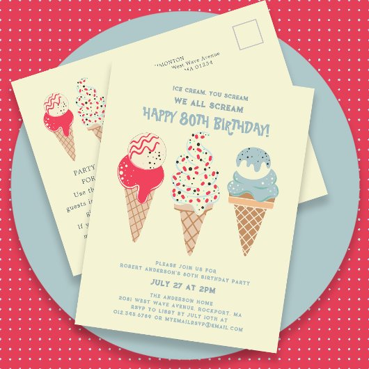 Carte Postale Retro Crème glacée Cone 80e anniversaire Invitatio