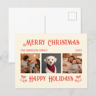 Carte Postale Retro Crème Rouge Noël Fêtes Photos Collage