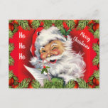 Carte Postale Rétro de Santa Claus<br><div class="desc">This retro vintage style postcard veut delight children because it is cute. Shown is a jolly Santa Claus oms is holding a candy cane while checks his to see the names of Children who have been naughty or nice.</div>