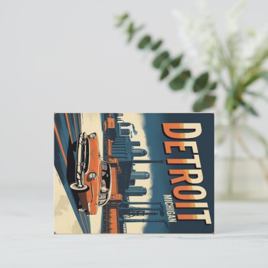 Carte Postale Retro Detroit Industrial City avec voiture classiq (Debout devant)