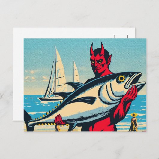 Carte Postale Retro Devil avec un thon sur la plage (Devant / Derrière)