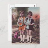 Carte Postale Retro Enfants avec bonne chance Chaussures Cheval  (Devant / Derrière)