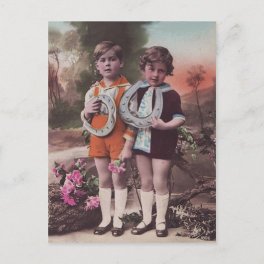Carte Postale Retro Enfants avec bonne chance Chaussures Cheval  (Devant)