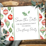 Carte Postale Retro Family Christmas Party Enregistrer l'arbre d<br><div class="desc">Amusant aquarelle design de Noël. Tout le texte est ajustable et facile à changer pour vos besoins de partie. Enregistrez les cartes postales de la fête de Noël de la famille Date.</div>