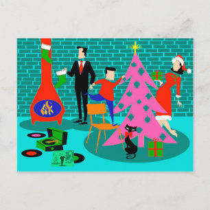 Carte postale Retro Family Trimming Christmas Tree