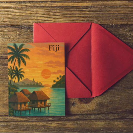 Carte Postale Retro Fiji Tropical Ocean Bungalows Vue coucher de