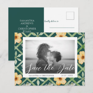Carte Postale Retro Floral Emerald Photo Enregistrer la date Mar