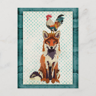 CARTE Postale RETRO FOX & ROOSTER