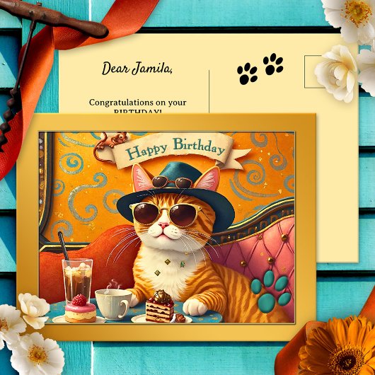 Carte Postale Retro Fun Chat et Gâteau d'Anniversaire