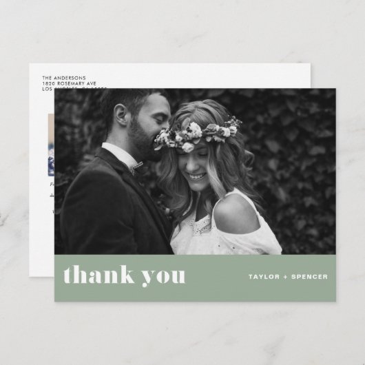 Carte Postale Retro Gras Typographie Sage Vert Mariage Merci (Devant / Derrière)