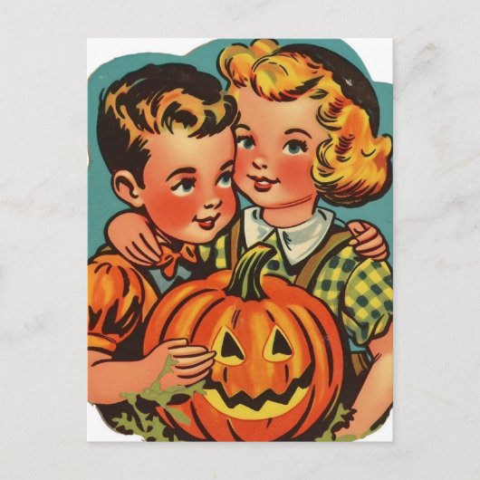 Carte Postale Retro Halloween garçon et fille avec Jack-o-Lanter (Devant)