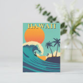 Carte Postale Rétro Hawaii Surfant sur le Coucher de Soleil et V (Debout devant)