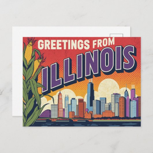 Carte Postale Retro Illinois Chicago Skyline Corn Greetings (Devant / Derrière)