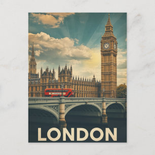 Carte Postale Retro Londres Big Ben et Bus
