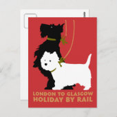 Carte Postale Retro Londres et Glasgow en train, chiens terriers (Devant / Derrière)