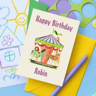 Carte Postale Retro Merry-Go-Round Nom d'enfant Joyeux anniversa