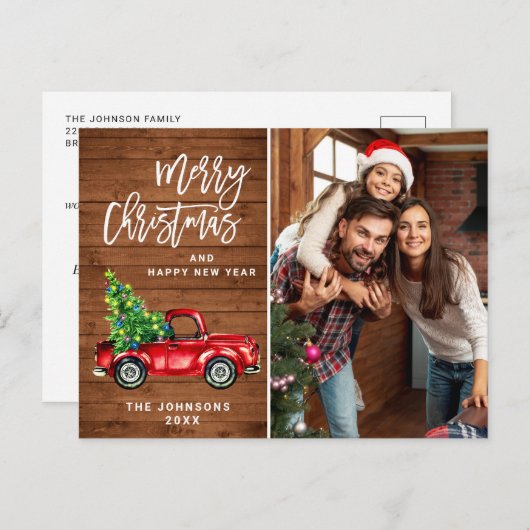 Carte Postale Retro Noël Camion Rouge Rustique PHOTO Salutation (Devant / Derrière)