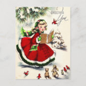 Carte Postale Retro Noël Petite fille chantant lapins (Devant)