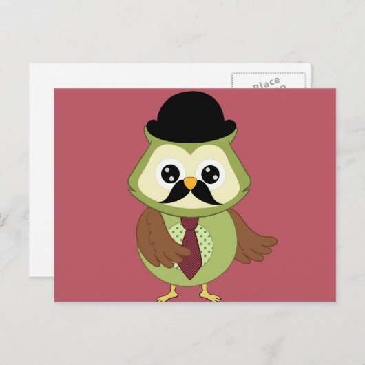 Carte Postale Rétro Owl avec Casquette, cravate et Moustache (Devant / Derrière)