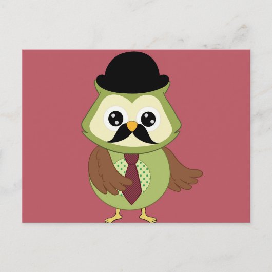 Carte Postale Rétro Owl avec Casquette, cravate et Moustache (Devant)