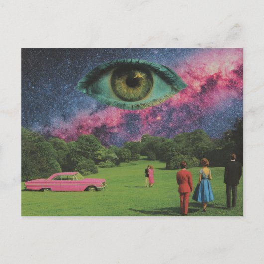Carte Postale Retro People and Pink Car with Eye in Sky Surreal (Devant)