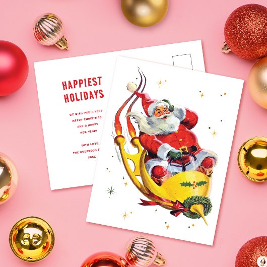 Carte Postale Retro Père Noël sur Rocket Fête de Noël sans photo