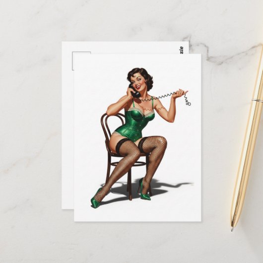 Carte Postale Retro Pin-up Girl avec chaussures vertes (Devant/Arrière en situation)