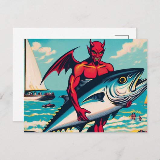 Carte Postale Retro Pop Art Devil avec un tunafish sur la plage (Devant / Derrière)