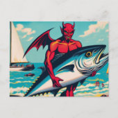 Carte Postale Retro Pop Art Devil avec un tunafish sur la plage (Devant)
