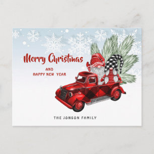Carte Postale Retro Red Truck Gnomes Noël voeux de Noël